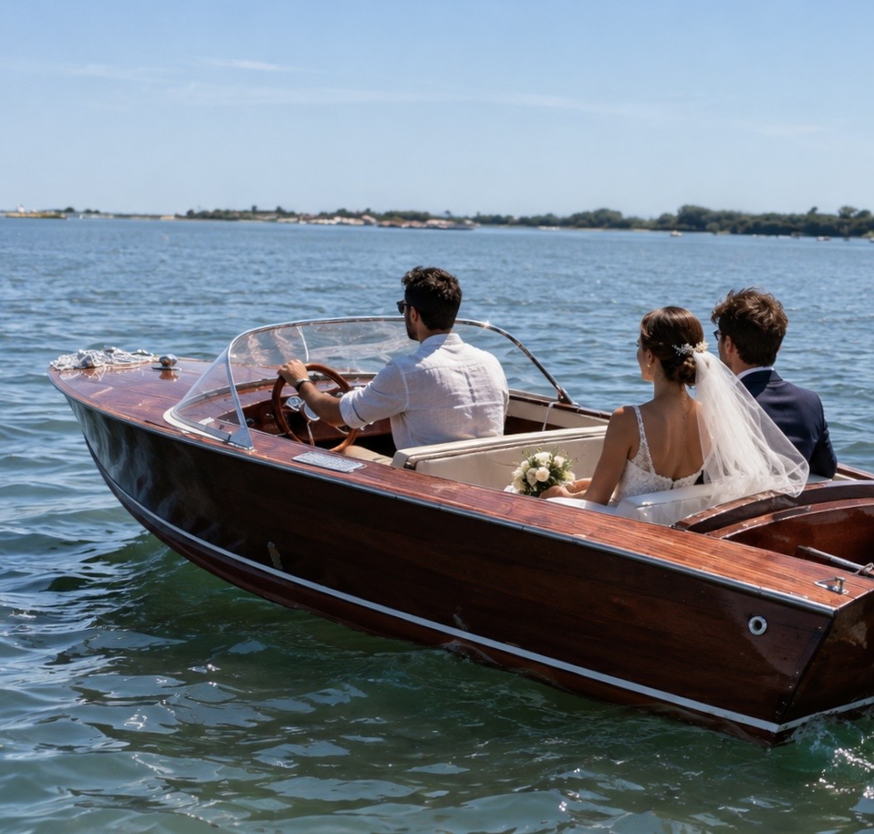 Newlyweds on board BELLA on a Venetian canal